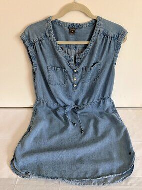 Eddie Bauer Women Denim Chambray Draw String Sleeveless Shirt Dress Pocket Sz 6